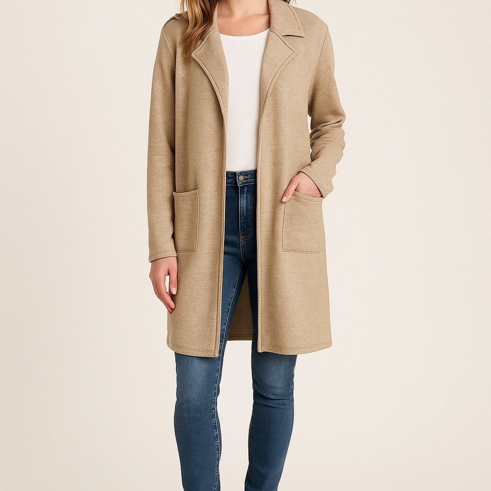 BB Dakota Steve Madden Open Front Duster Jacket Beige Knit Cardigan Sz Medium - Picture 1 of 7